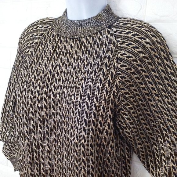 Vintage 80s Jeanne Pierre Metallic Cable Knit Sweater -M Wool/Angora Gold Black - Picture 3 of 10